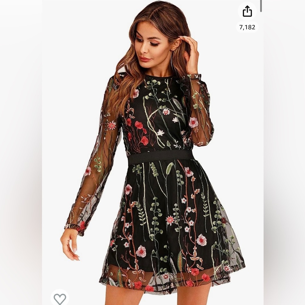 Beautiful, black, floral embroidered dress, size large